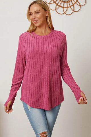 Full Size Ribbed Thumbhole Sleeve T-Shirt - T-Shirt - Basic Bae - Tops