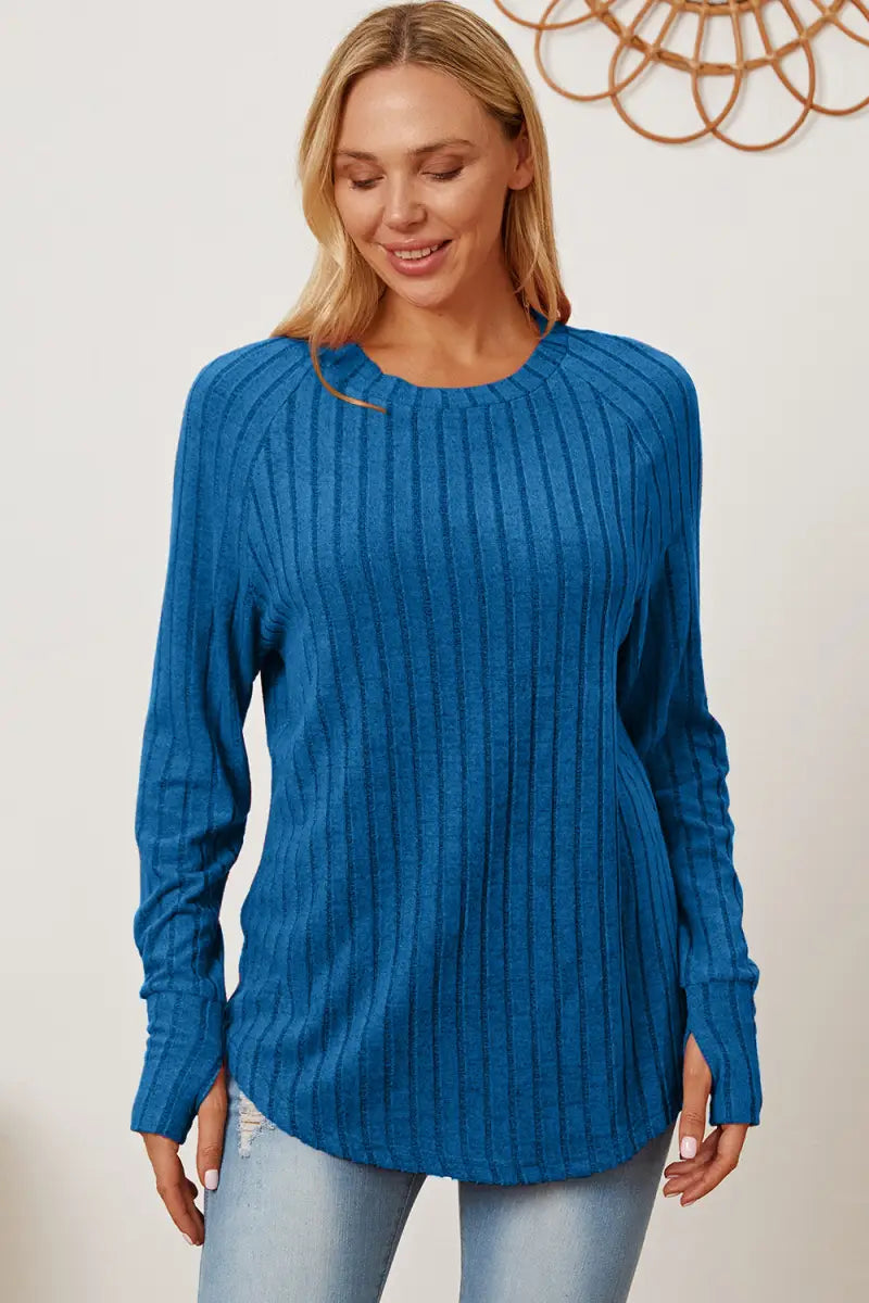 Full Size Ribbed Thumbhole Sleeve T-Shirt - T-Shirt - Basic Bae - Tops