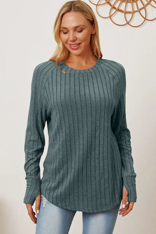 Full Size Ribbed Thumbhole Sleeve T-Shirt - T-Shirt - Basic Bae - Tops