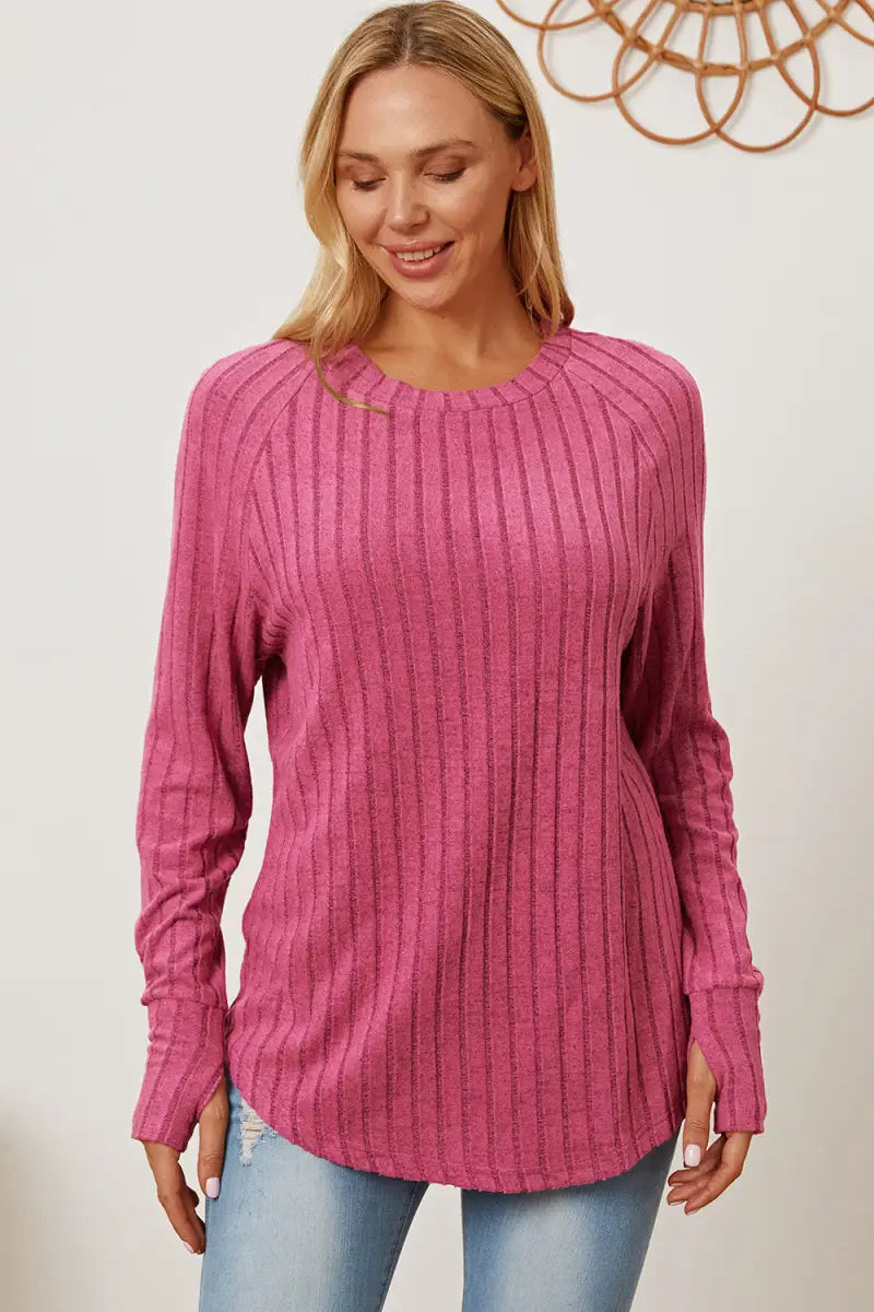 Full Size Ribbed Thumbhole Sleeve T-Shirt - T-Shirt - Basic Bae - Tops