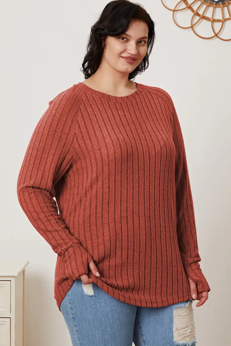 Full Size Ribbed Thumbhole Sleeve T-Shirt - T-Shirt - Basic Bae - Tops