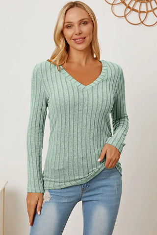 Full Size Ribbed V-Neck Long Sleeve T-Shirt - T-Shirt - Basic Bae - Tops