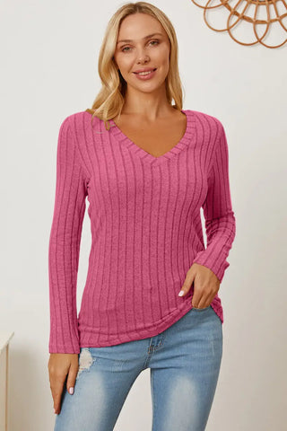 Full Size Ribbed V-Neck Long Sleeve T-Shirt - T-Shirt - Basic Bae - Tops