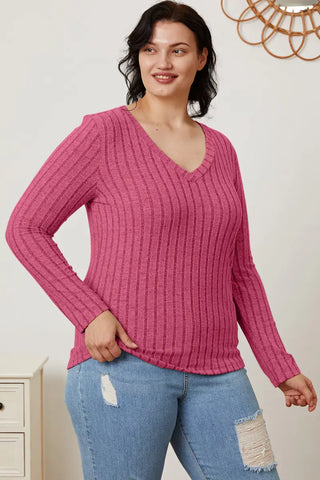 Full Size Ribbed V-Neck Long Sleeve T-Shirt - T-Shirt - Basic Bae - Tops