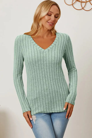 Full Size Ribbed V-Neck Long Sleeve T-Shirt - T-Shirt - Basic Bae - Tops