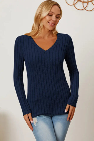 Full Size Ribbed V-Neck Long Sleeve T-Shirt - T-Shirt - Basic Bae - Tops