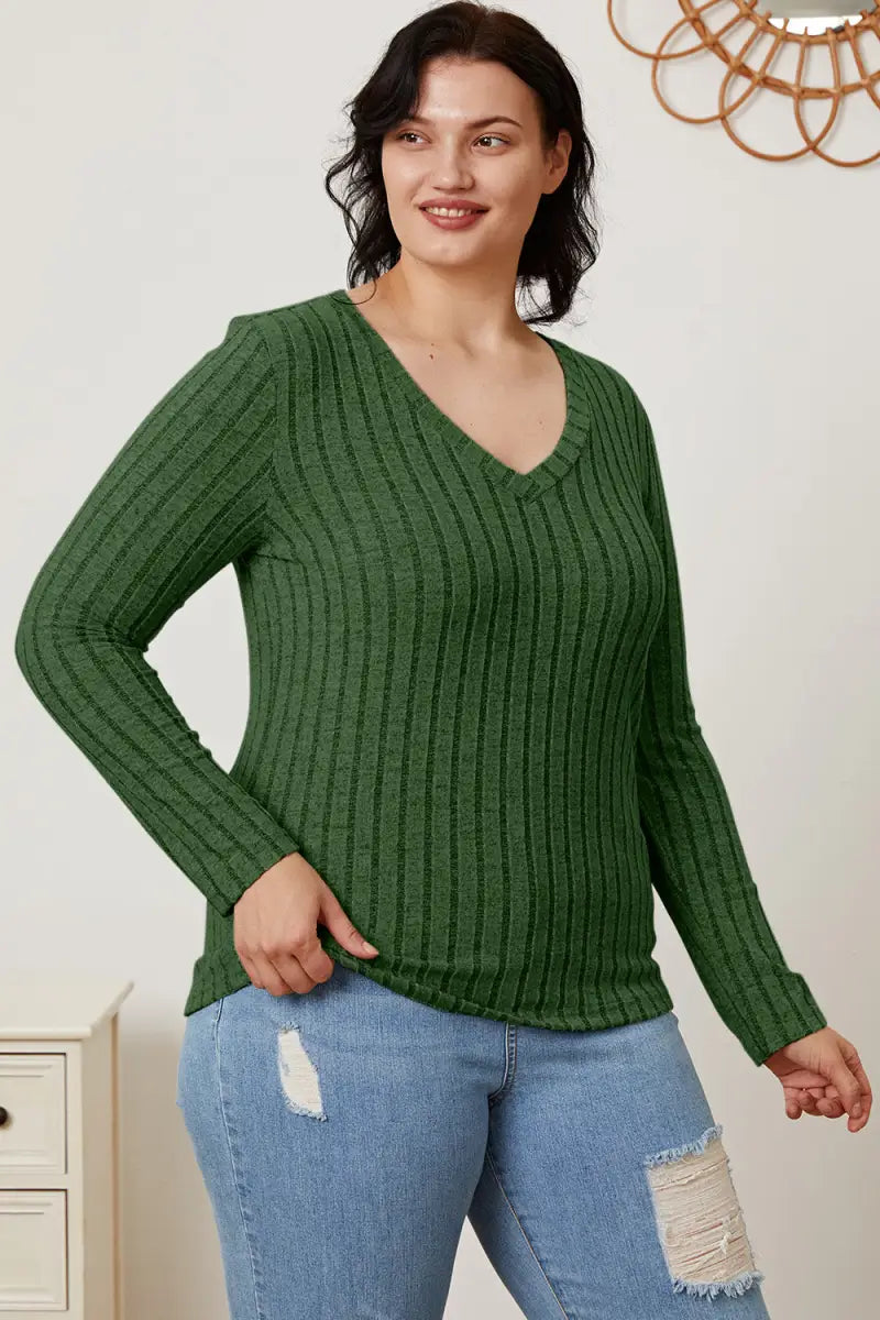 Full Size Ribbed V-Neck Long Sleeve T-Shirt - T-Shirt - Basic Bae - Tops