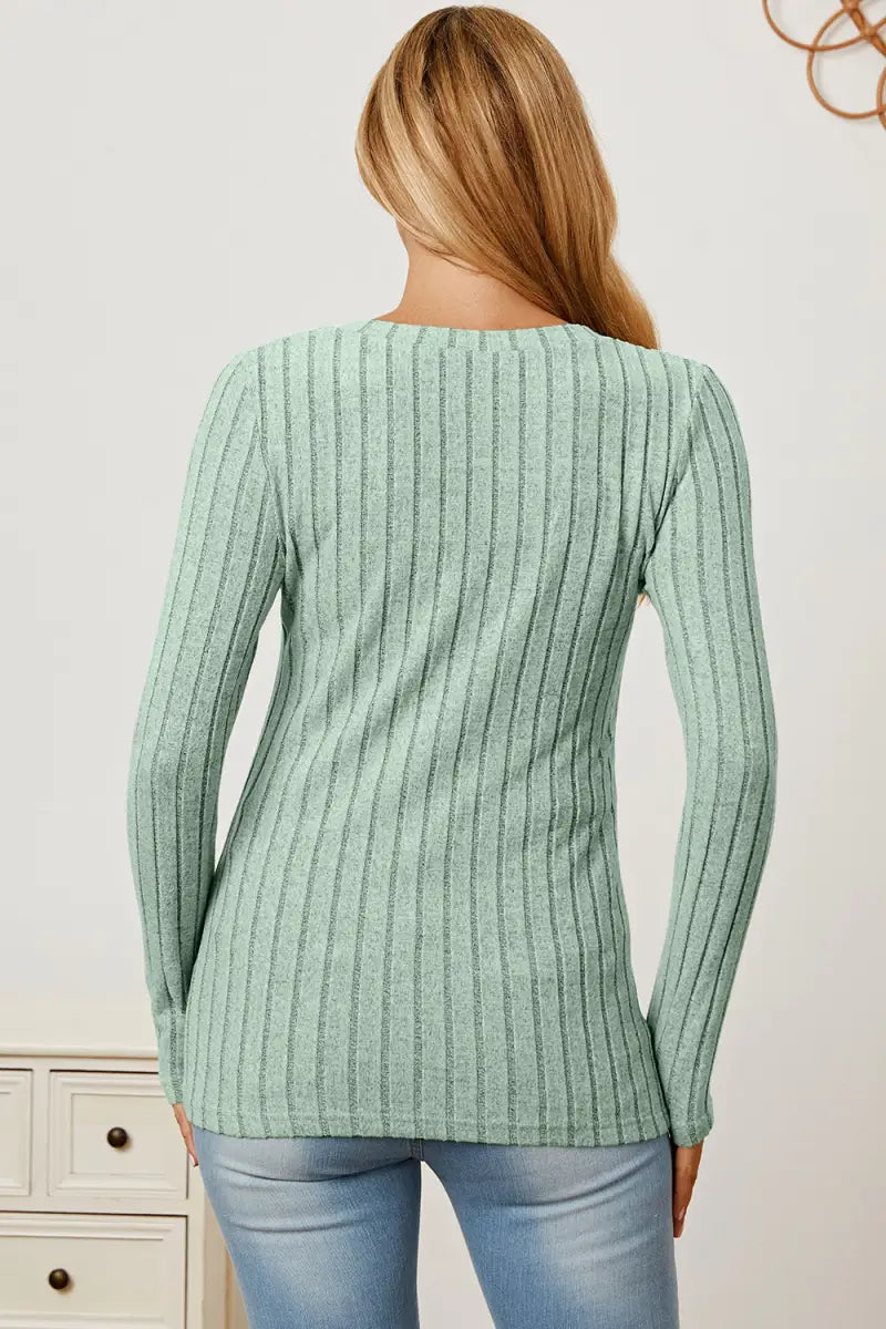 Full Size Ribbed V-Neck Long Sleeve T-Shirt - T-Shirt - Basic Bae - Tops