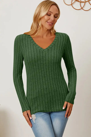 Full Size Ribbed V-Neck Long Sleeve T-Shirt - T-Shirt - Basic Bae - Tops