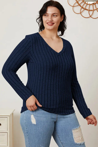 Full Size Ribbed V-Neck Long Sleeve T-Shirt - T-Shirt - Basic Bae - Tops