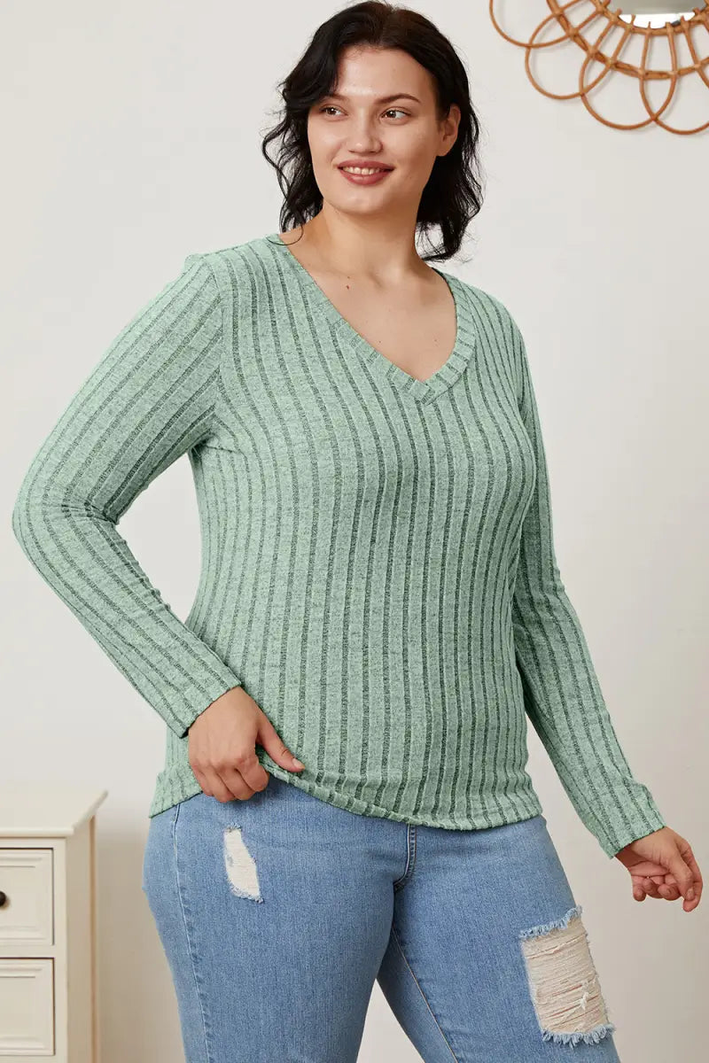 Full Size Ribbed V-Neck Long Sleeve T-Shirt - T-Shirt - Basic Bae - Tops