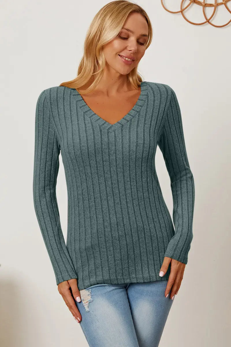 Full Size Ribbed V-Neck Long Sleeve T-Shirt - T-Shirt - Basic Bae - Tops