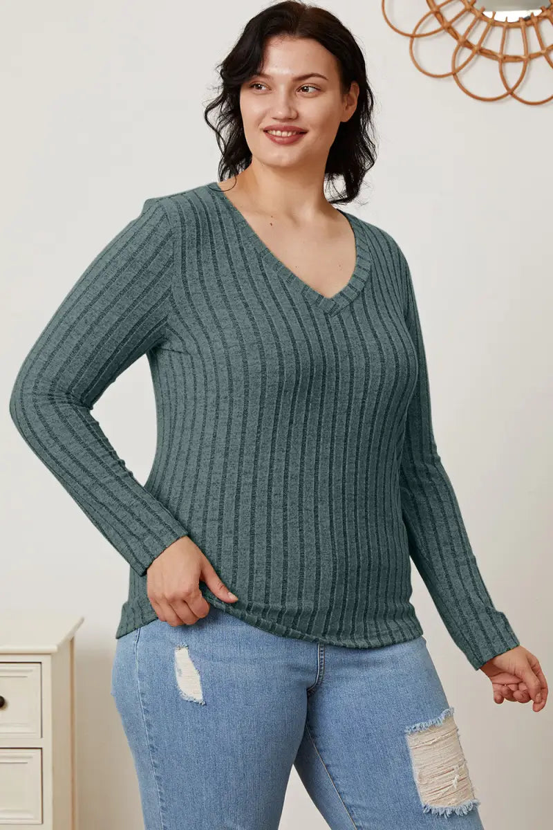 Full Size Ribbed V-Neck Long Sleeve T-Shirt - T-Shirt - Basic Bae - Tops