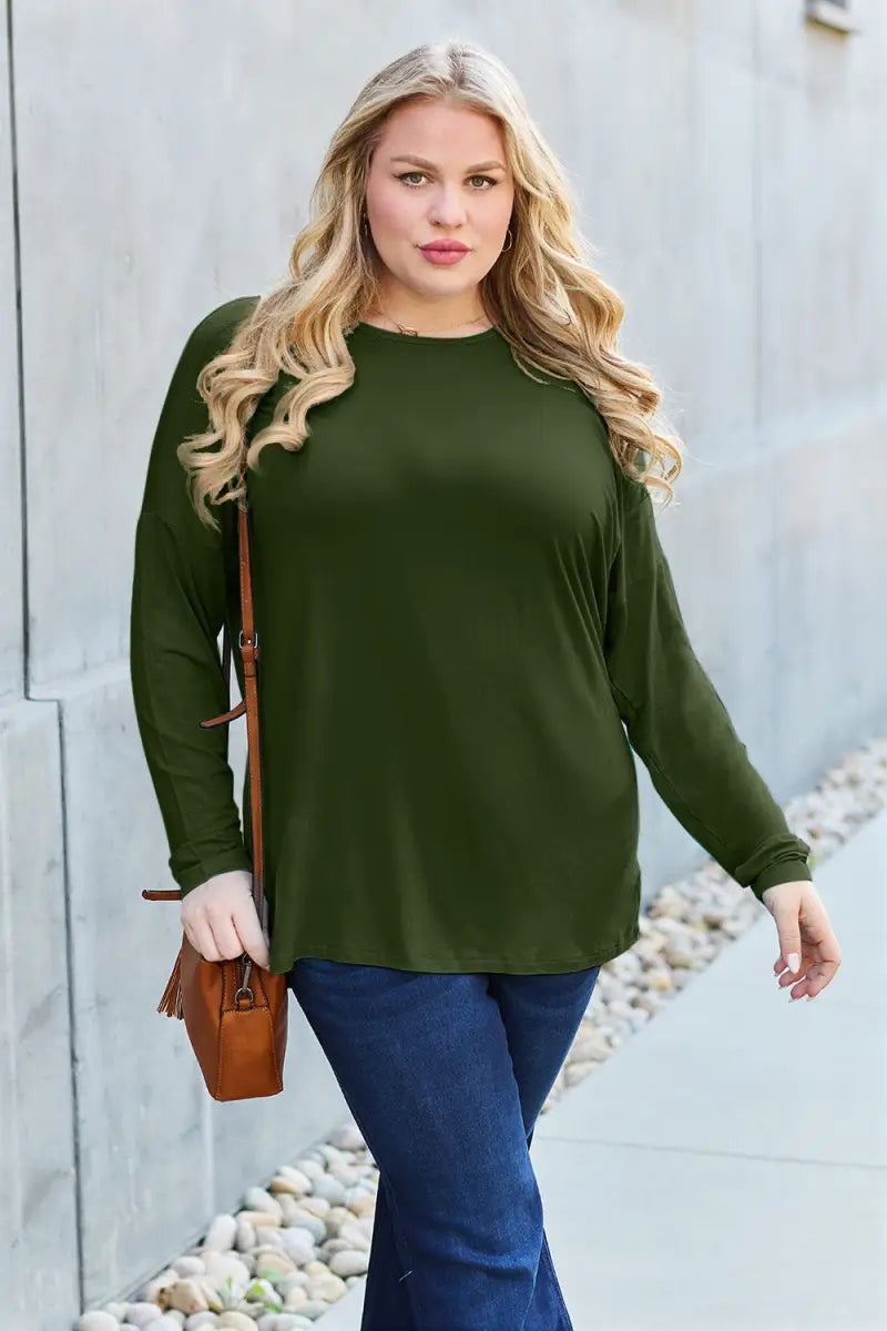 Full Size Round Neck Dropped Shoulder T-Shirt - T-Shirt - Basic Bae - Tops