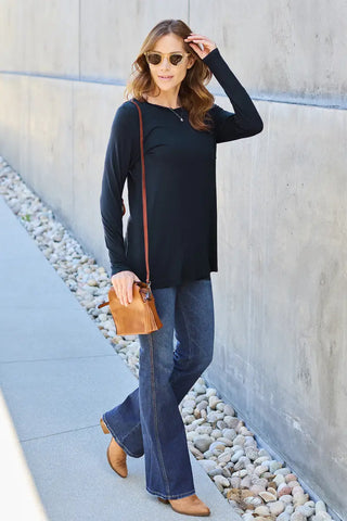 Full Size Round Neck Long Sleeve Top - T-Shirt - Basic Bae - Tops