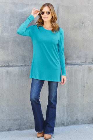 Full Size Round Neck Long Sleeve Top - T-Shirt - Basic Bae - Tops