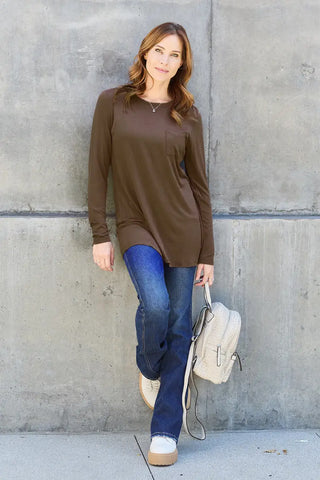 Full Size Round Neck Long Sleeve Top - T-Shirt - Basic Bae - Tops