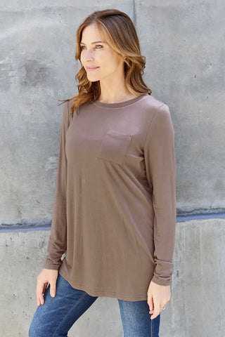 Full Size Round Neck Long Sleeve Top - T-Shirt - Basic Bae - Tops