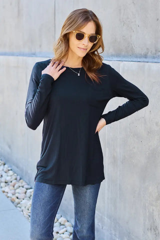 Full Size Round Neck Long Sleeve Top - T-Shirt - Basic Bae - Tops