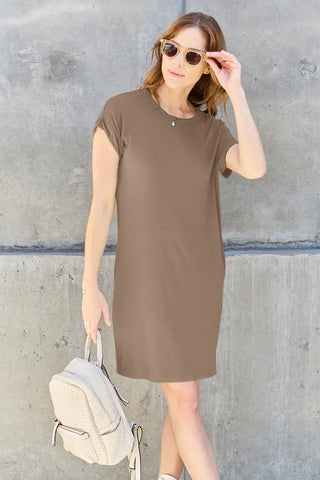 Full Size Round Neck Short Sleeve Dress with Pockets - Dress - Basic Bae - Dresses