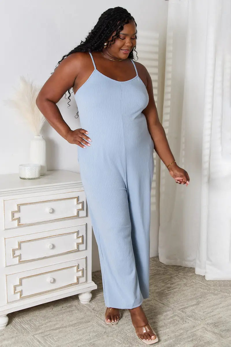 Full Size Spaghetti Strap V-Neck Jumpsuit - Jumpsuit - Basic Bae - Jumpsuits & Rompers