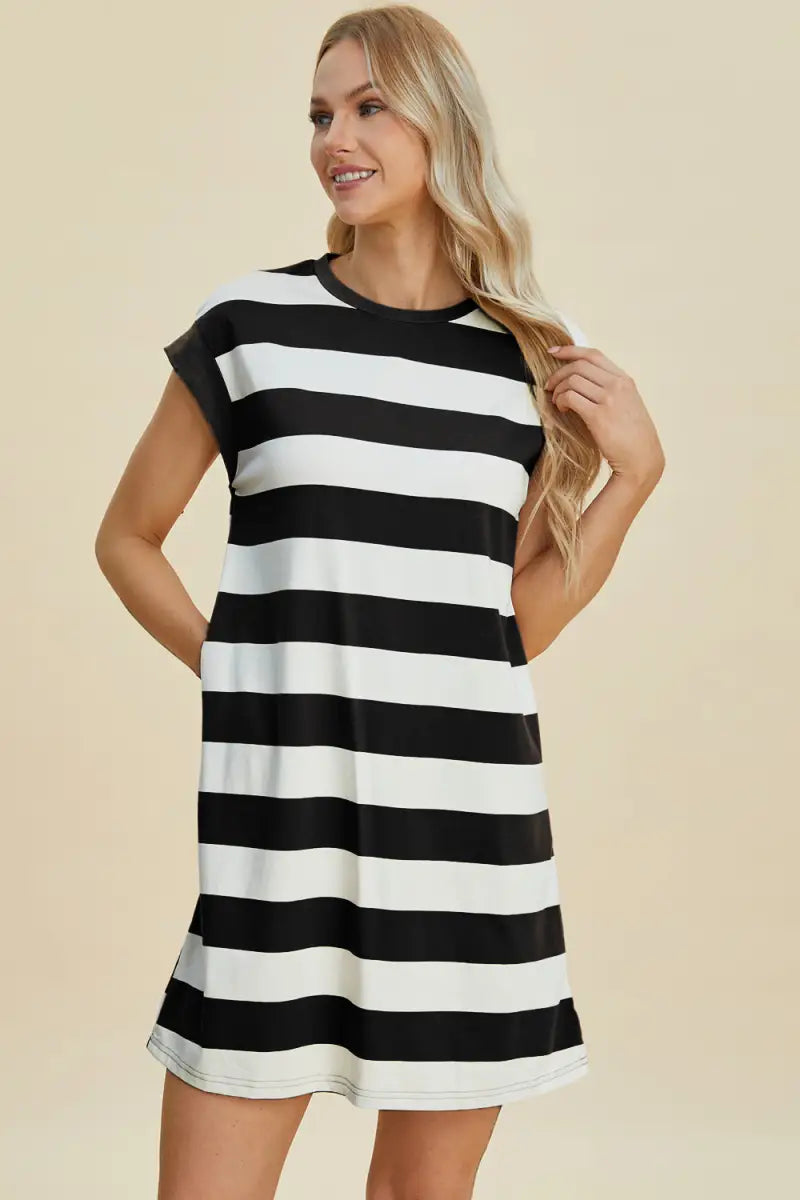 Full Size Striped Round Neck Cap Sleeve Mini Dress - Dress - Basic Bae - Dresses