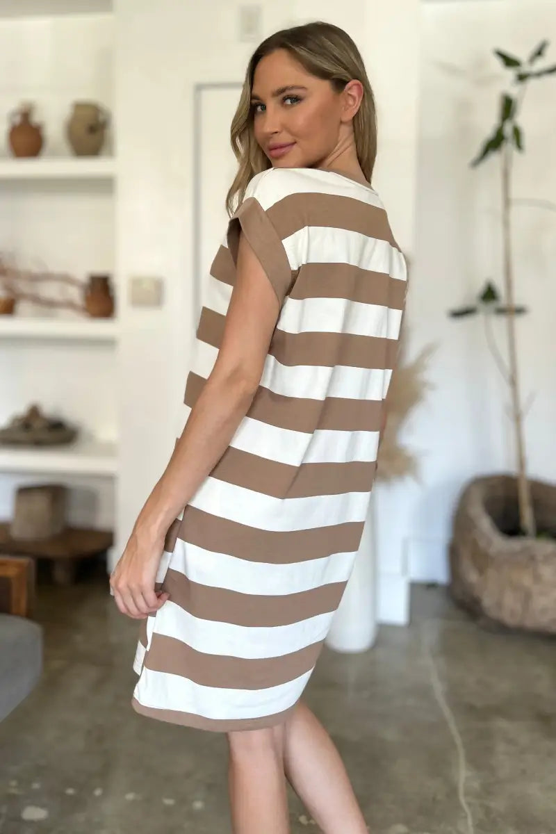 Full Size Striped Round Neck Cap Sleeve Mini Dress - Dress - Basic Bae - Dresses