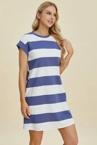 Full Size Striped Round Neck Cap Sleeve Mini Dress - Dress - Basic Bae - Dresses