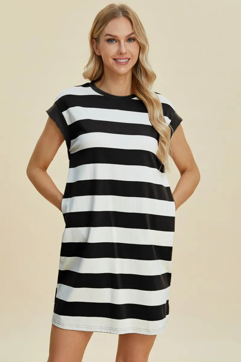 Full Size Striped Round Neck Cap Sleeve Mini Dress - Dress - Basic Bae - Dresses