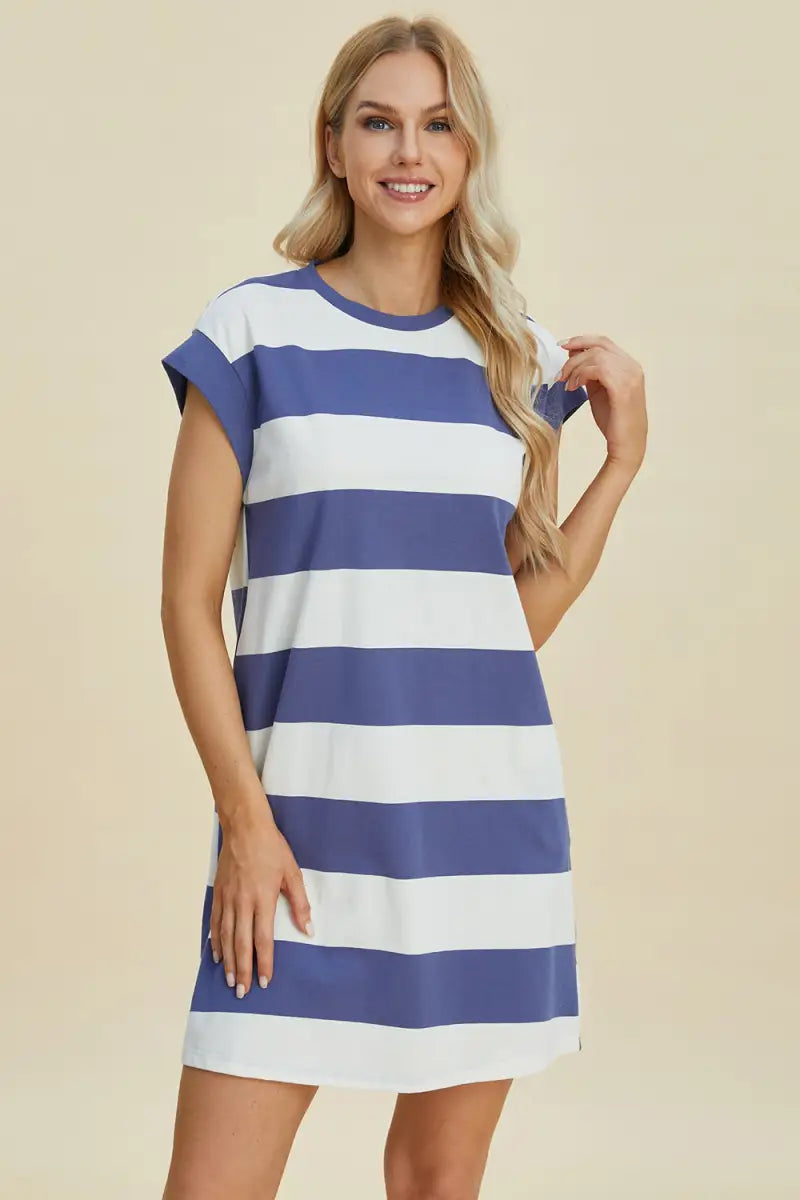 Full Size Striped Round Neck Cap Sleeve Mini Dress - Dress - Basic Bae - Dresses