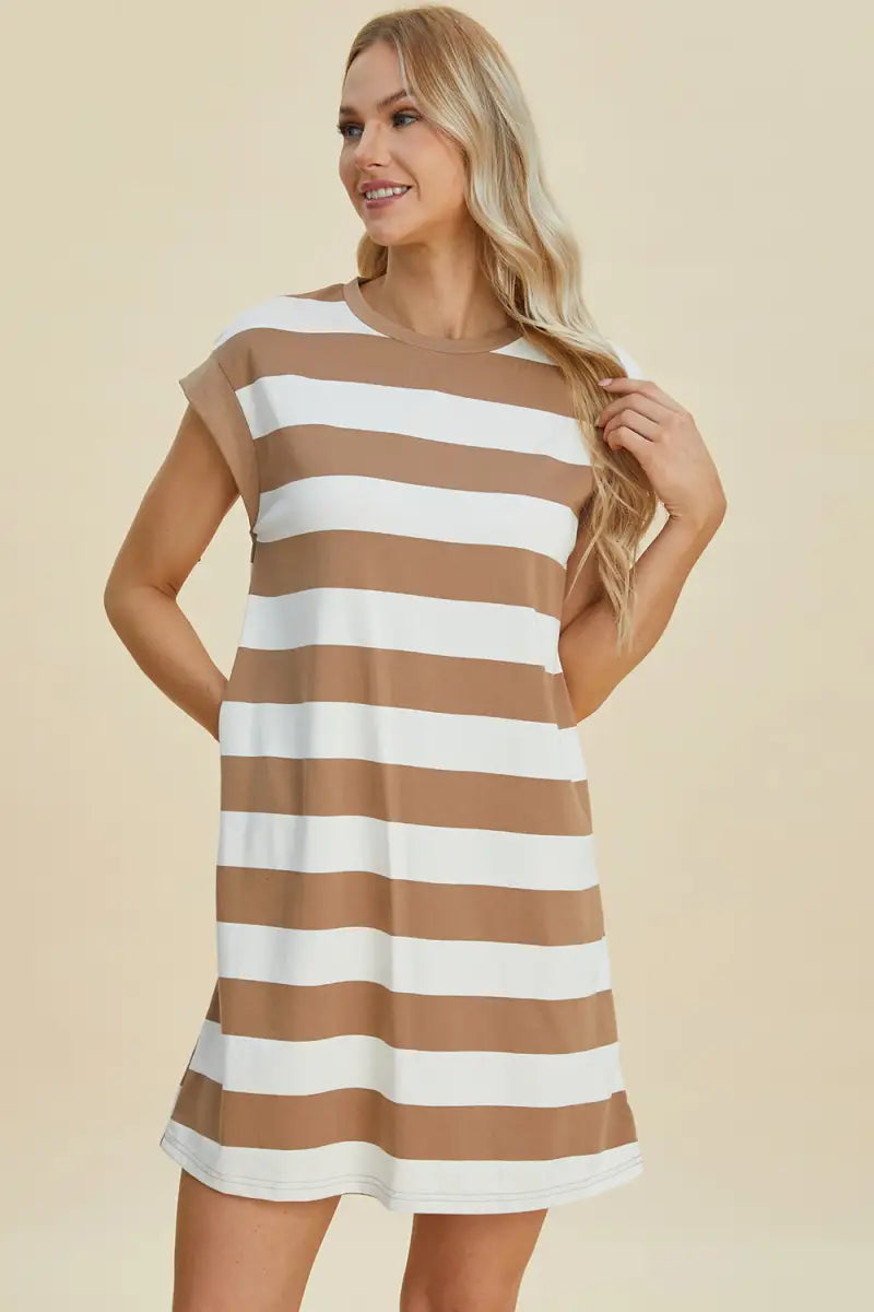 Full Size Striped Round Neck Cap Sleeve Mini Dress - Dress - Basic Bae - Dresses