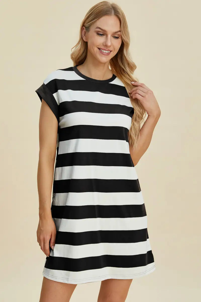 Full Size Striped Round Neck Cap Sleeve Mini Dress - Dress - Basic Bae - Dresses