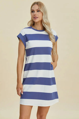 Full Size Striped Round Neck Cap Sleeve Mini Dress - Dress - Basic Bae - Dresses