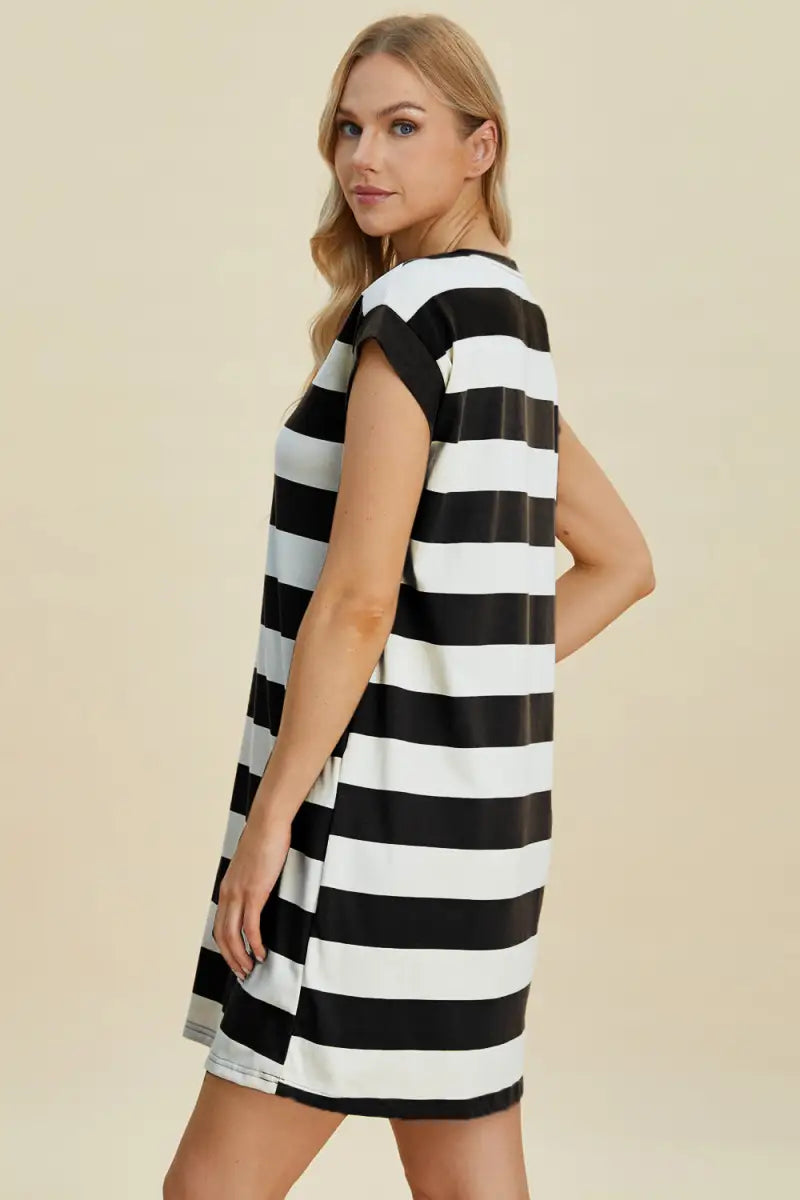 Full Size Striped Round Neck Cap Sleeve Mini Dress - Dress - Basic Bae - Dresses