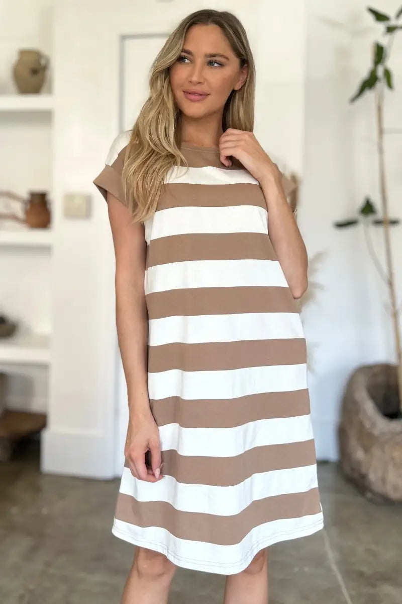 Full Size Striped Round Neck Cap Sleeve Mini Dress - Dress - Basic Bae - Dresses