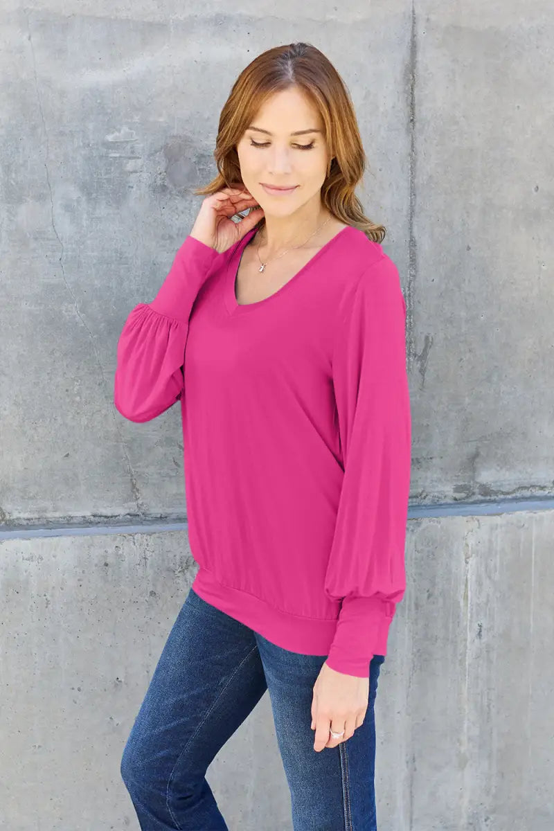 Full Size V-Neck Lantern Sleeve Top - Sweatshirt - Basic Bae - Tops