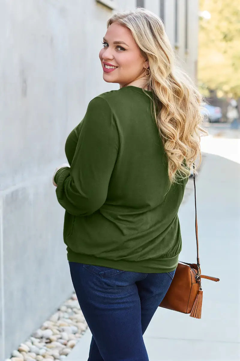 Full Size V-Neck Lantern Sleeve Top - Sweatshirt - Basic Bae - Tops