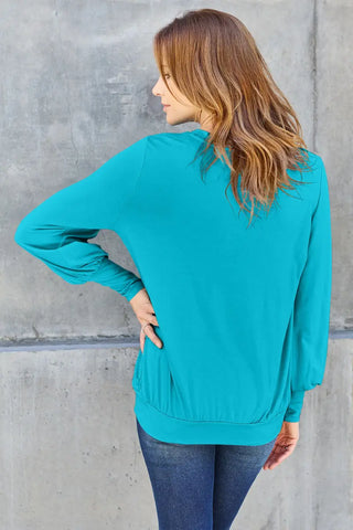 Full Size V-Neck Lantern Sleeve Top - Sweatshirt - Basic Bae - Tops