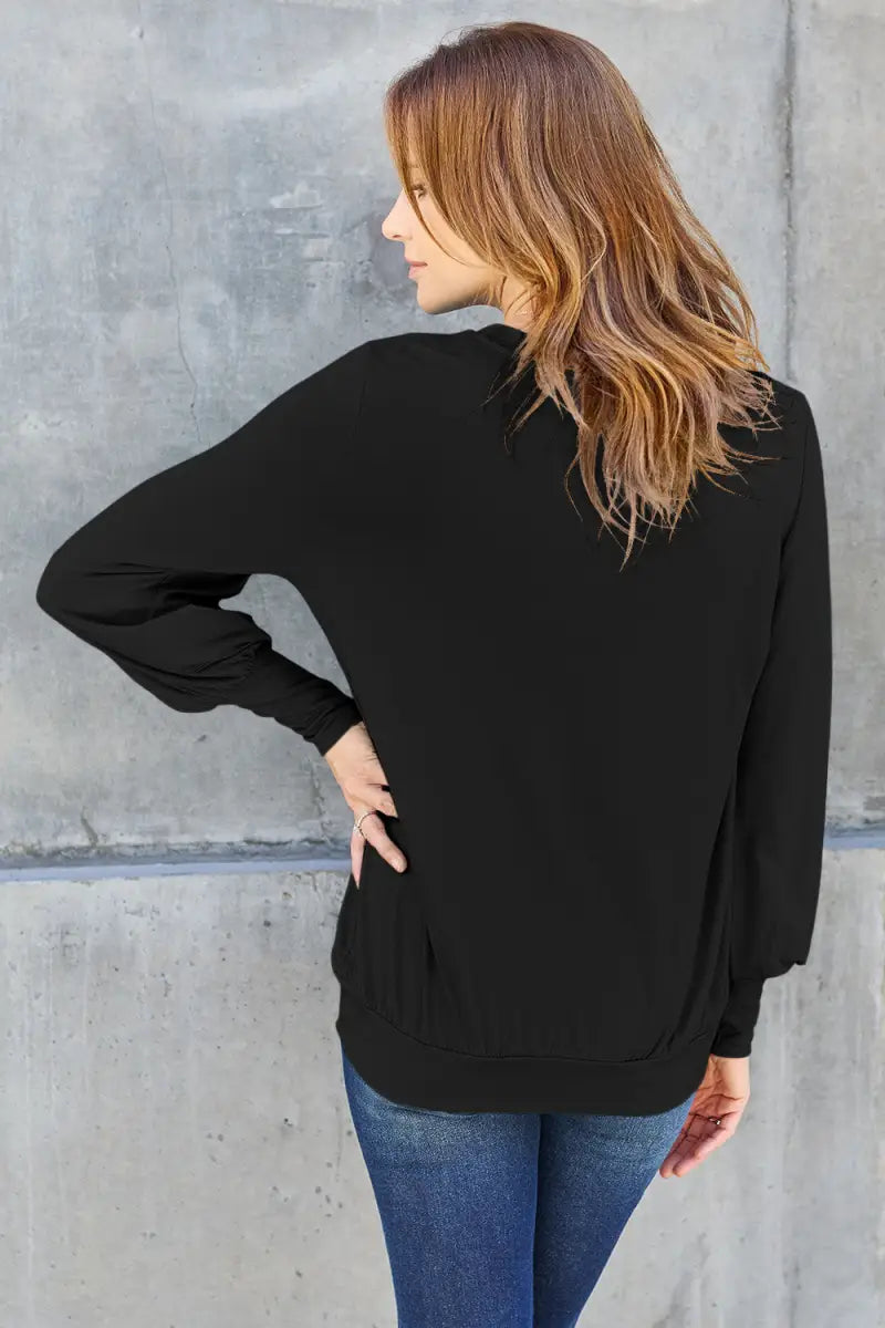 Full Size V-Neck Lantern Sleeve Top - Sweatshirt - Basic Bae - Tops