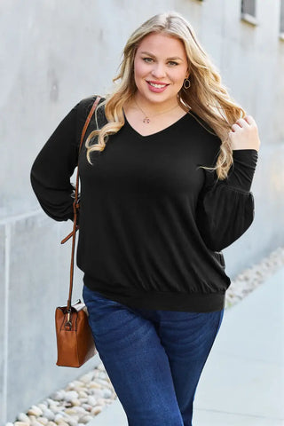 Full Size V-Neck Lantern Sleeve Top - Sweatshirt - Basic Bae - Tops