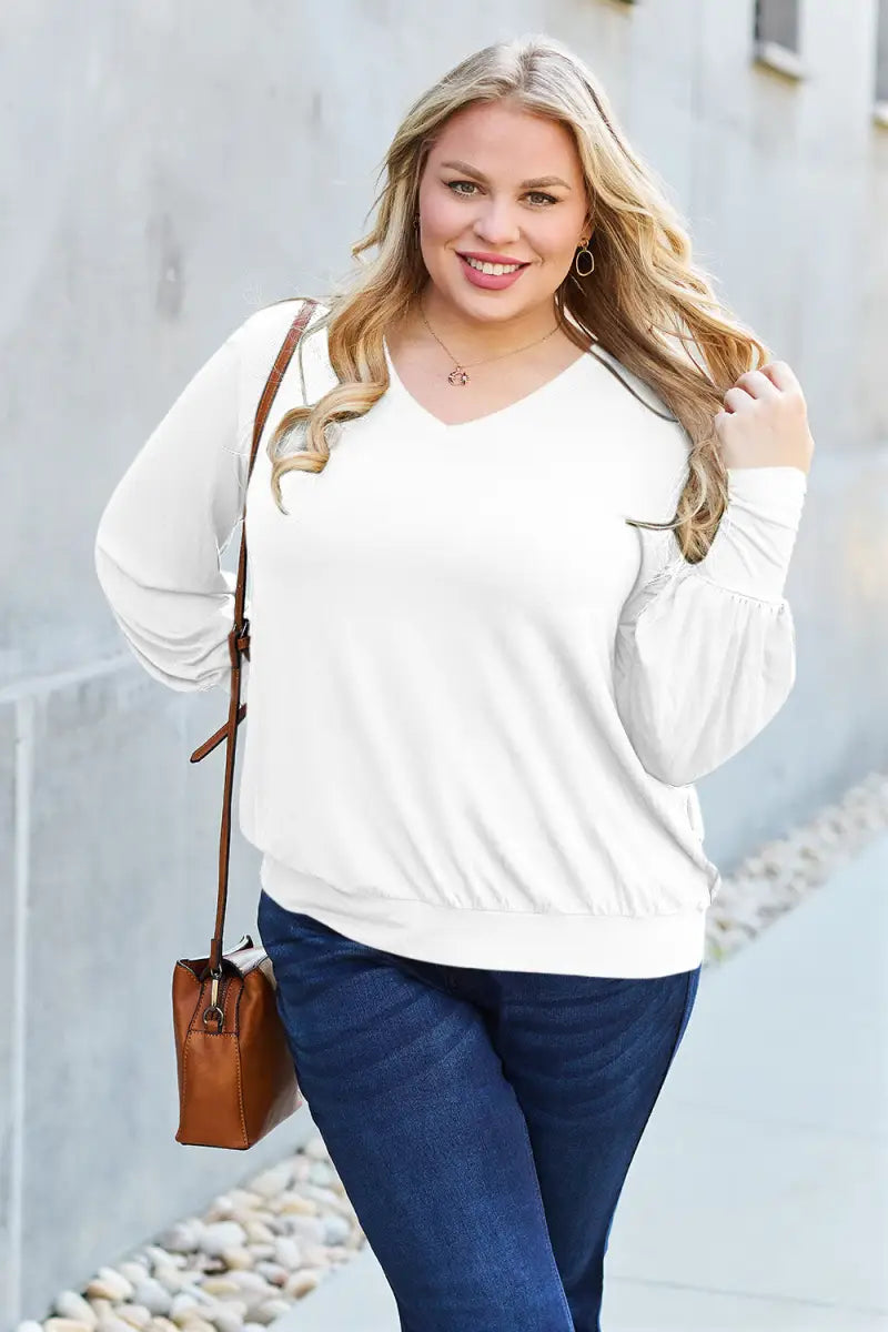 Full Size V-Neck Lantern Sleeve Top - Sweatshirt - Basic Bae - Tops