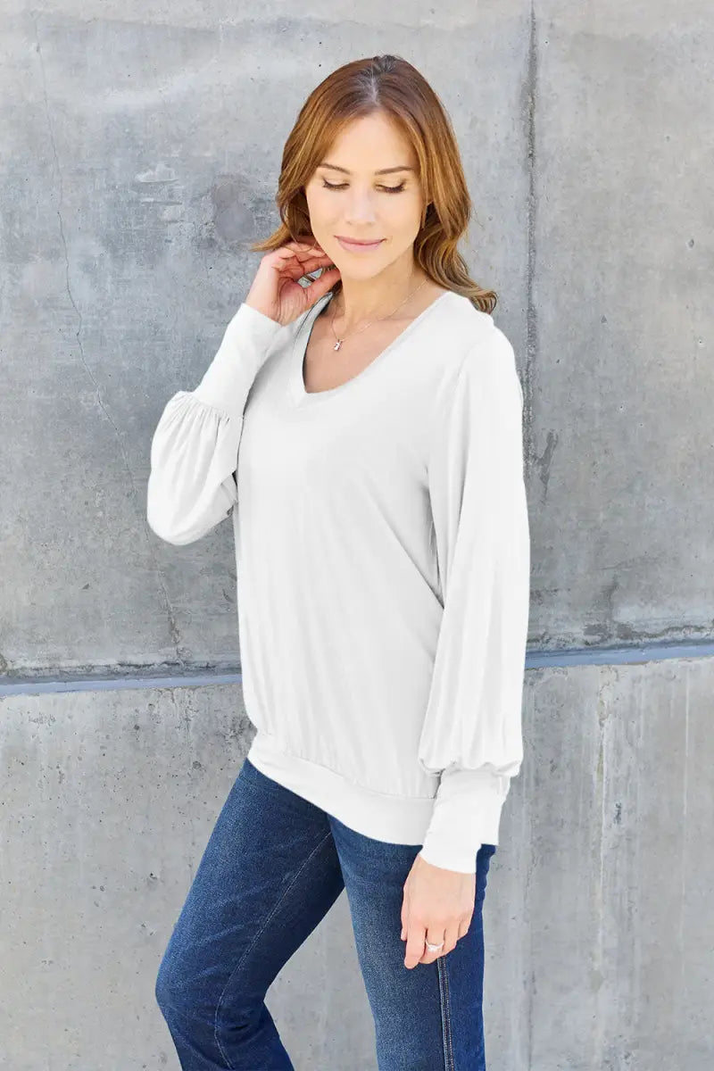 Full Size V-Neck Lantern Sleeve Top - Sweatshirt - Basic Bae - Tops