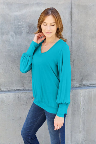 Full Size V-Neck Lantern Sleeve Top - Sweatshirt - Basic Bae - Tops