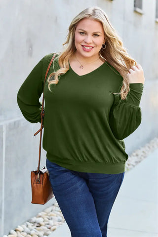 Full Size V-Neck Lantern Sleeve Top - Sweatshirt - Basic Bae - Tops