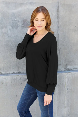 Full Size V-Neck Lantern Sleeve Top - Sweatshirt - Basic Bae - Tops