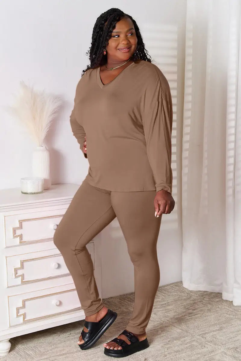 Full Size V-Neck Soft Rayon Long Sleeve Top and Pants Lounge Set - Loungwear - Basic Bae - Loungewear