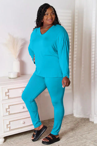 Full Size V-Neck Soft Rayon Long Sleeve Top and Pants Lounge Set - Loungwear - Basic Bae - Loungewear