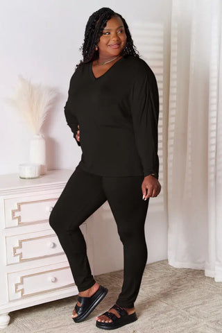 Full Size V-Neck Soft Rayon Long Sleeve Top and Pants Lounge Set - Loungwear - Basic Bae - Loungewear