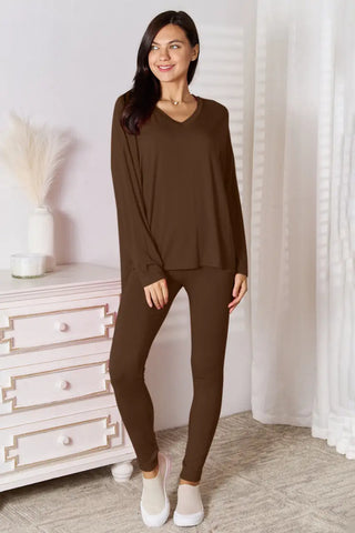 Full Size V-Neck Soft Rayon Long Sleeve Top and Pants Lounge Set - Loungwear - Basic Bae - Loungewear