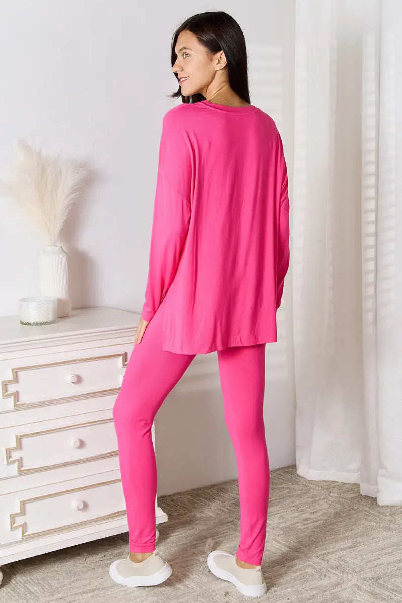 Full Size V-Neck Soft Rayon Long Sleeve Top and Pants Lounge Set - Loungwear - Basic Bae - Loungewear